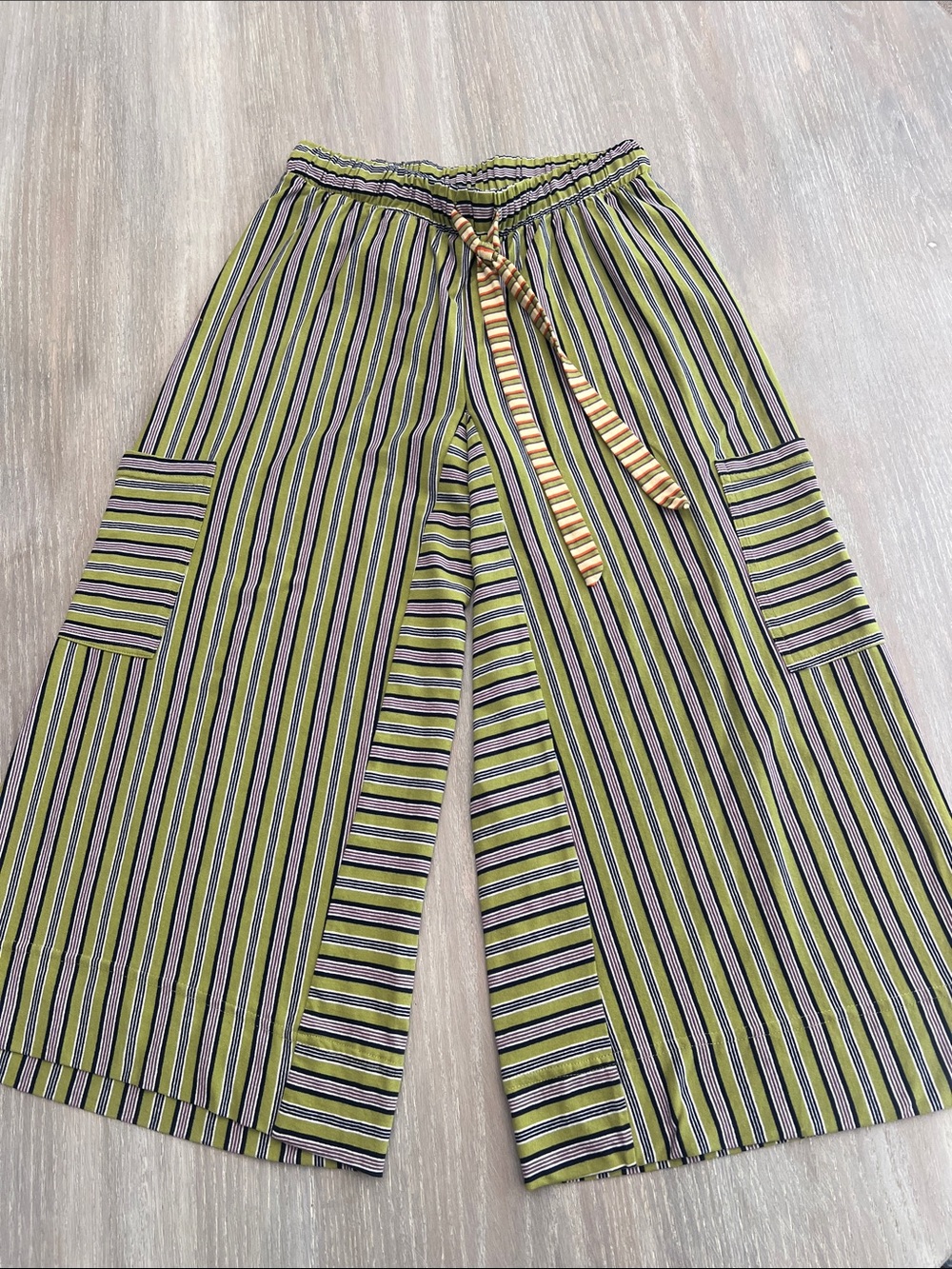 Free People Olive Green Striped Wide-Leg Pants